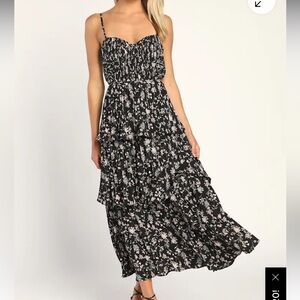 LULUS | Cascading Crush Floral Print Tiered Bustier Midi Dress | SIZE SMALL
